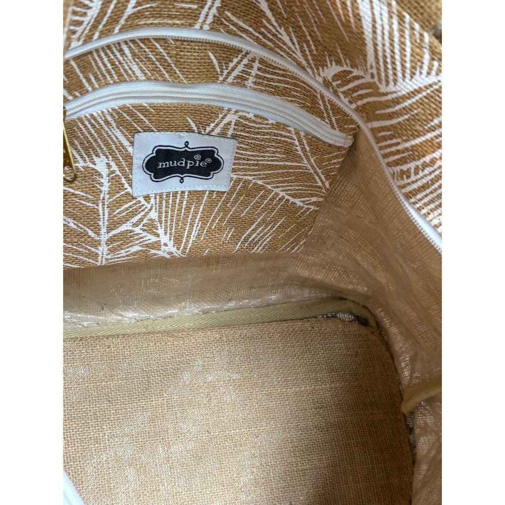 Mud Pie Jute Beach Tote Bag Tan White Palm Leaf Rope Handle Chiffon Scarf Accent - Picture 3 of 5
